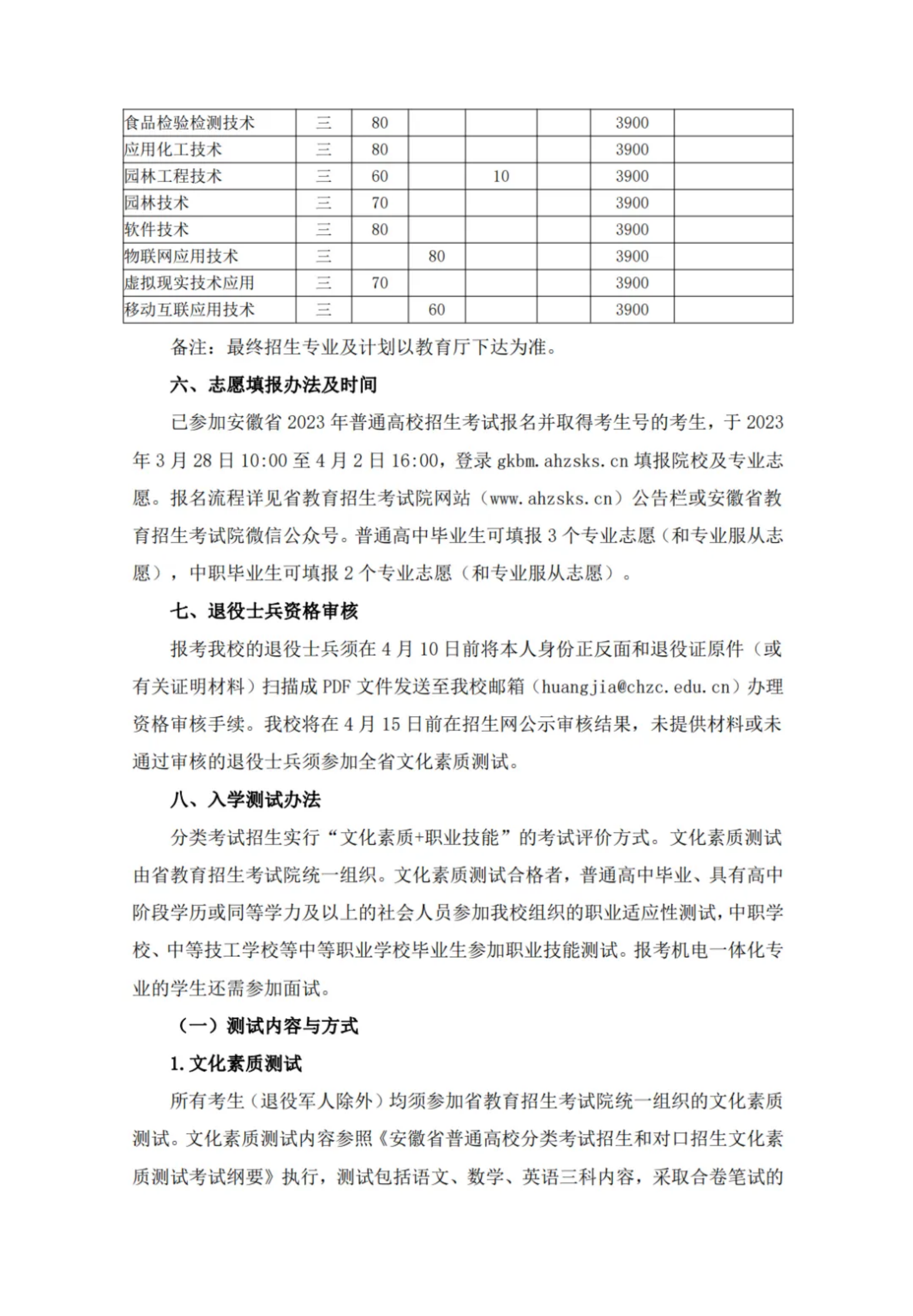 滁州職業(yè)技術(shù)學(xué)院2023年分類考試招生章程